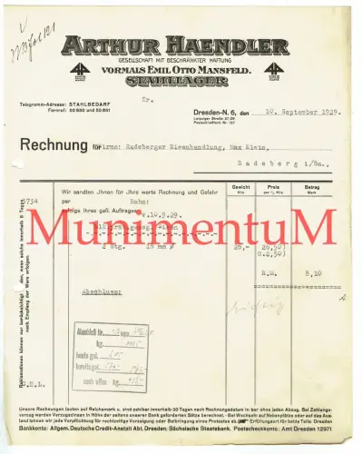 Arthur Haendler vorm.  E. Mansfeld  STAHLLAGER Stahlbedarf DRESDEN Rechnung 1929
