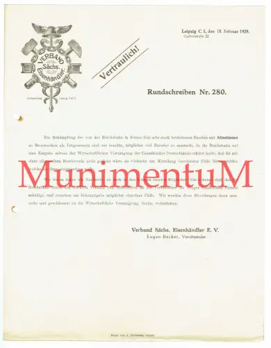 VERTRAULICH - Verband sächsischer Eisenhändler - Rundschreiben Nr. 280 Jahr 1928