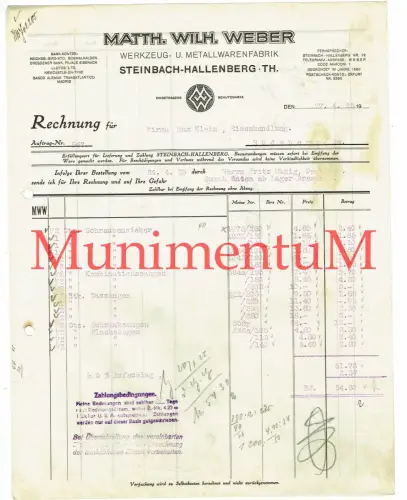 Matth. Wilh. Weber STEINBACH - HALLENBERG i. Thüringen Rechnung 1925