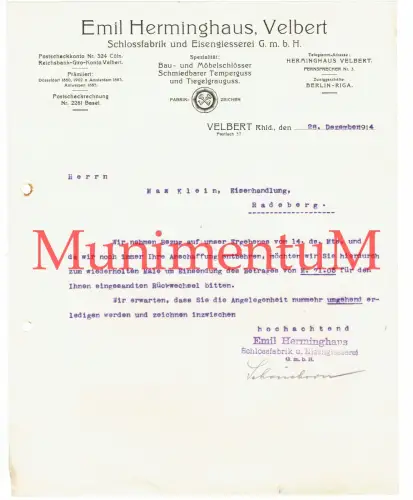 Herminghaus VELBERT Schlossfabrik + Eisengießerei - Rechnung 1914 | Berlin Riga