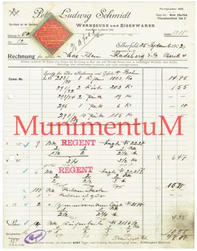 Peter Ludwig Schmidt ELBERFELD Werkzeuge + Eisenwaren WUPPERTAL - Rechnung 1902