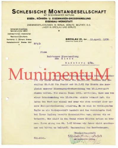 Schlesische Montagegesellschaft BRESLAU BEUTHEN GÖRLITZ - Rechnung 1930