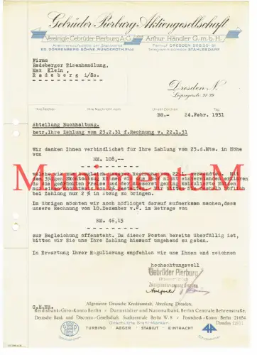 Stahlbedarf Gebrüder Pierburg Aktiengesellschaft DRESDEN | Rechnung 1931
