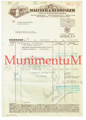 Walther & Behringer Fruchtessenzenfabrik Destillate LEIPZIG | Rechnung 1952