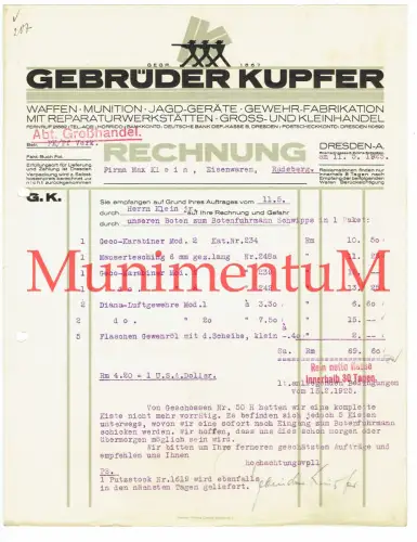 Gebrüder Kupfer Jagdgeräte, Jagdwaffen DRESDEN | Rechnung über Gewehre 1925