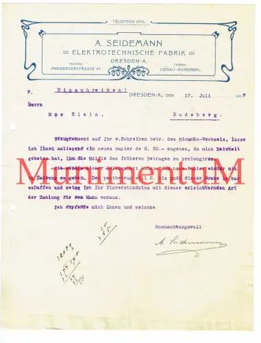 Elektrotechnische Fabrik Seidemann DRESDEN LIEGAU - RADEBERG Rechnung 1907