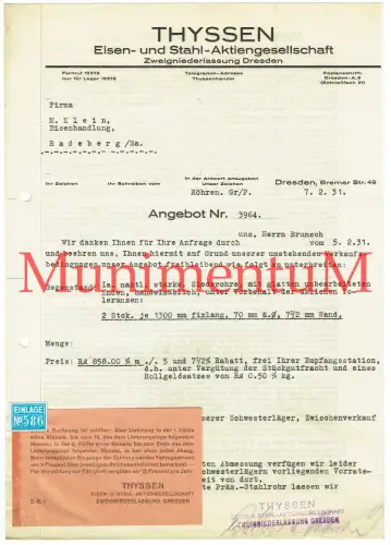 THYSSEN Eisen- und Stahl-Aktiengesellschaft DRESDEN | Angebot Rechnung 1931