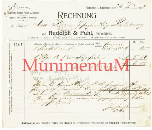 Feilenfabrik Raspenfabrik Rudolph & Puhl NEUSTADT in Sachsen | Rechnung 1904
