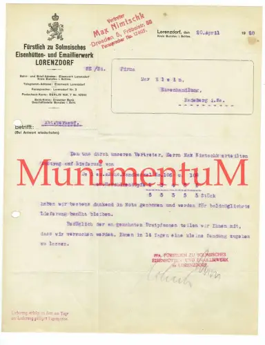Fürstl. Solmsisches Emaillewerk LORENZDORF, Brunzlau i. SCHLESIEN Rechnung 1920!
