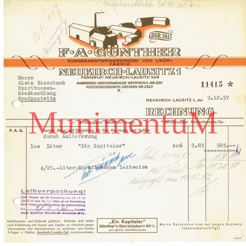 Kornbranntweinbrennerei + Likörfabrik Günther NEUKIRCH / Laustiz | Rechnung 1957