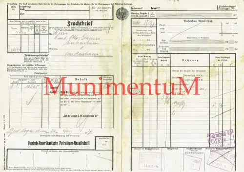 Frachtbrief BAD MERGENTHEIM Deutsch-Amerikan. Petroleum-Gesellschaft 1937 ERDÖL