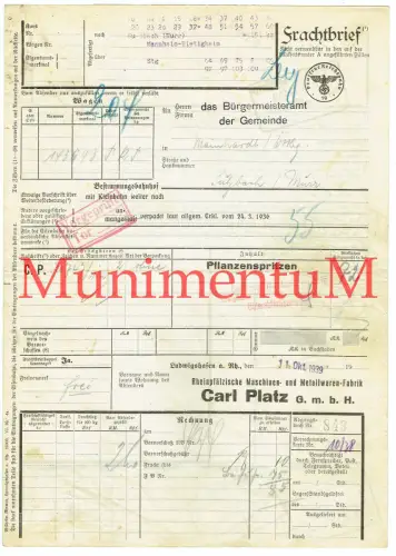 Frachtbrief Rheinpfälz. Maschinen- Metallwaren-Fabrik LUDWIGSHAFEN C. Platz 1939