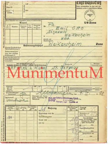 Frachtbrief BMF ELLWANGEN / JAGST Batterien 1948 U.S.-Zone Deutsche Reichsbahn