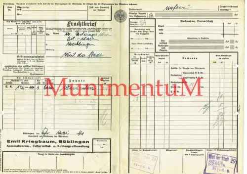 Frachtbrief BÖBLINGEN Kolonialwaren Kriegbaum nach WEIL der Stadt 1941