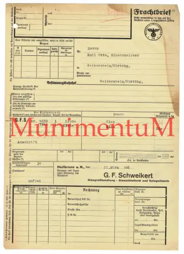 Frachtbrief HEILBRONN Spiegelfabrik Glasgroßhandlung Schweikert 1942