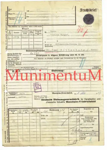 Frachtbrief MANNHEIM-FRIEDRICHSFELD Deutsche Steinzeugwarenfabrik 1947 U.S.-Zone