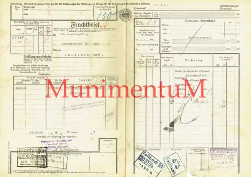 Frachtbrief FELLBACH '37 Feuerlösch-Geräte Feuerwehrschläuche Feuerwehr SULZBACH