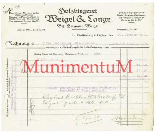 Holzbiegerei Weigel & Lange GREIFFENBERG , LÖWENBERG, i. SCHLESIEN Rechnung 1925