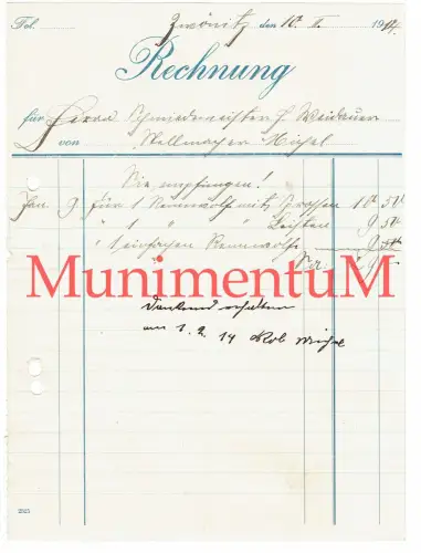 Zwönitz i. Sachsen Rechnung Stellmacher Miegel an Schmiedemeister Weidauer 1914