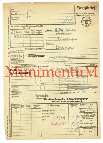 Frachtbrief Metall- u. Verzinkwerk  Fr. Bachofer WEILHELM-TECK , PFULLINGEN 1943