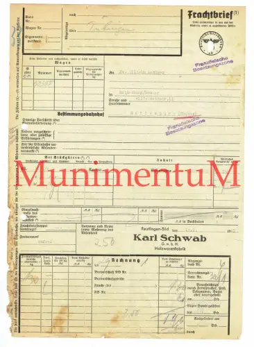 Frachtbrief FRANZ. Zone 1947 Klosettsitze K. Schwab REUTLINGEN n. ROTTENBURG