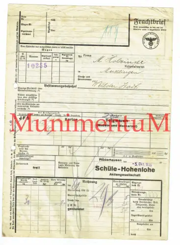 Frachtbrief PLÜDERHAUSEN Aktiengesellschaft Schüle-Hohenlohe n. MERKLINGEN 1939