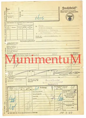 beschädigter Frachtbrief '48 Spezialfabrik Elektrowerkz. NEUBULACH Duss & Bender