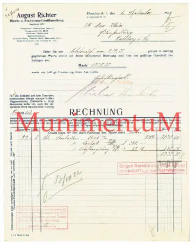 Blech- und Stabeisenhandlung August Richter DRESDEN Annenstraße | Rechnung 1922