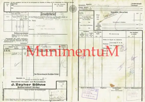 Frachtbrief SCHORNDORF Eiernudel + Maccaronifabrik Zeyher Söhne 1941 MERKLINGEN