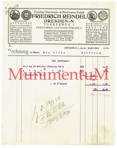 Dresdner Eisschrank- & Blechwarenfabrik Friedrich Reindel DRESDEN Rechnung 1929