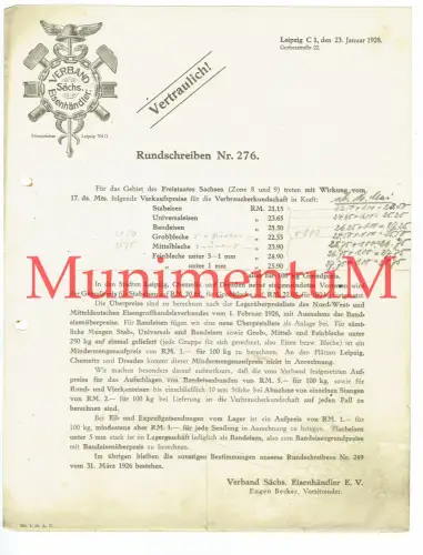 Verband Sächsischer Eisenhändler - Rundschreiben Nr. 276 LEIPZIG Verkaufspreise