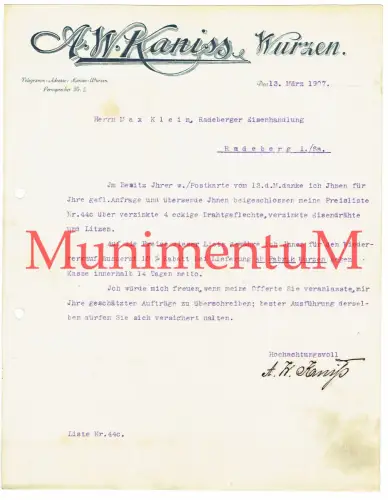 Kaniss WURZEN bei Leipzig Drahtseilfabrik - Schreiben bzgl einer Preisliste 1907