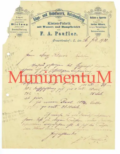 Säge- u. Hobelwerk, Kisten-Fabrik F. A. Paufler GROSSRÖHRSDORF i. SCHLESIEN 1920