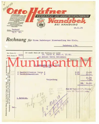 Werkzeug- u. Maschinenfabrik Otto Häfner WANDSBEK b. Hamburg - REchnung 1929