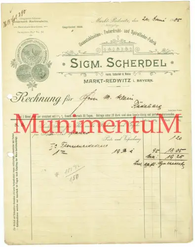 Spiralfederfabrik S. Scherdel Markt-Redwitz MARKTREDWITZ i. Bayern Rechnung 1905