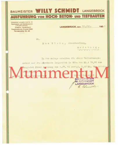 Baumeister Willy Schmidt LANGEBRÜCK - Rechnung 1931 - Hoch- Beton- Tiefbauten