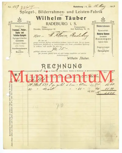 Spiegel- Bilderrahmen- Leistenfabrik Täuber RADEBURG bei Meißen - Rechnung 1904