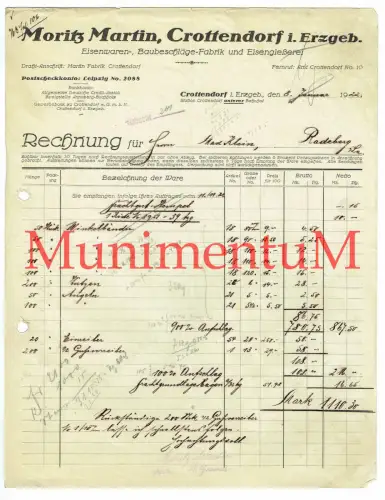 Baubeschläge-Fabrik M. Martin CROTTENDORF i. Erzgebirge - Rechnung 1922