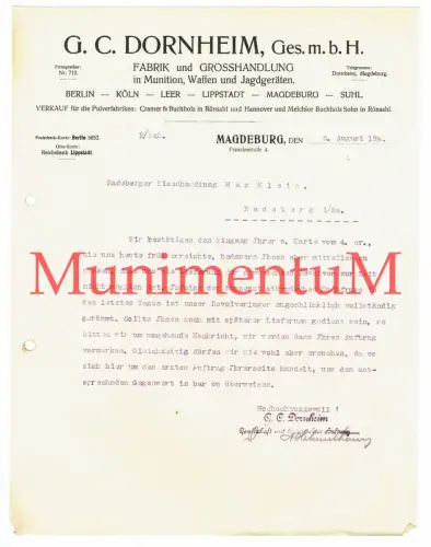 Fabrik + Großhandlung Munition, Waffen, Jagdgeräte Dornheim MAGDEBURG 1914