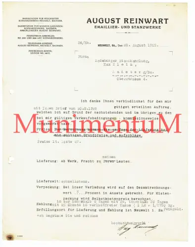 Emaillier- u. Stanzwerke A. Reinwart NEUWELT Schwarzenberg - Anschreiben 1929