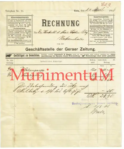GERA Geschäftsstelle d. Geraer Zeitung - Rechnung für eine Todesanzeige 1906