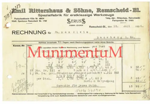 Rittershaus & Söhne Spezialfabrik für erstkl. Werkzeuge REMSCHEID Rechnung 1931