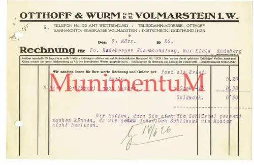 Ottohoff & Wurm GmbH VOLKMARSTEIN i. Westfalen, Amt Wetter-Ruhr - Rechnung 1926