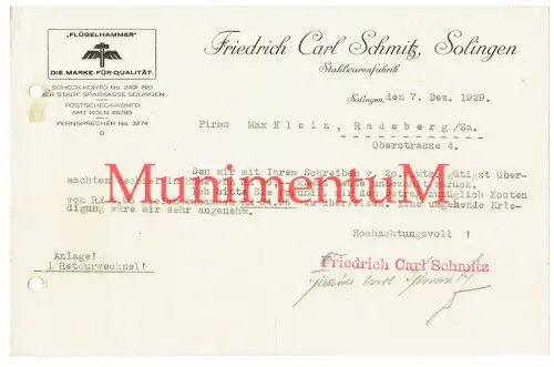 Stahlwarenfabrik Friedrich Carl Schmitz SOLINGEN - Rechnung Reklame 1929