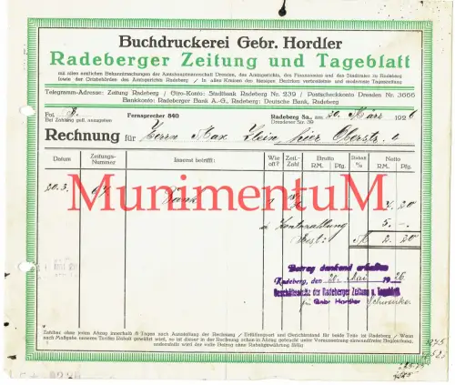 Buchdruckerei Gebr. Hordler Radeberger Zeitung, Tageblatt Rechnung 1926 RADEBERG