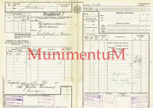 Frachtbrief Bürobedarf Hassler INGELFINGEN n. MAINHARDT 1934 über Waldenburg