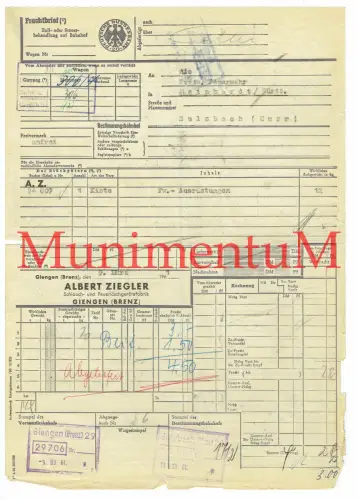 Frachtbrief Schlauch- Feuerlöschgerätefabrik Ziegler GIENGEN /Brenz Feuerwehr