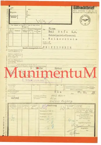 Eilfrachtbrief ULM Karl Marx v. Motor nach Weikersheim Deutsche Reichsbahn 1951