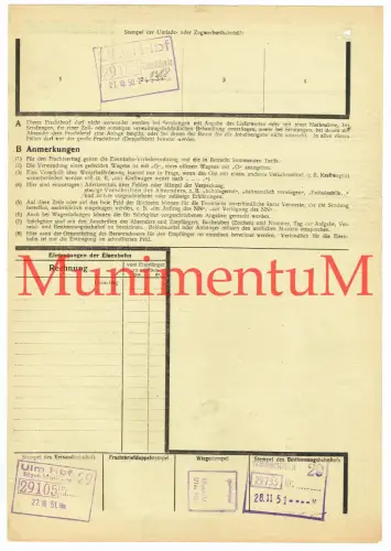 Eilfrachtbrief ULM Karl Marx v. Motor nach Weikersheim Deutsche Reichsbahn 1951