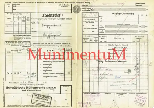 Frachtbrief WASSERALFINGEN Schwäbische Hüttenwerke GmbH üb. AALEN 1932 BOPFINGEN